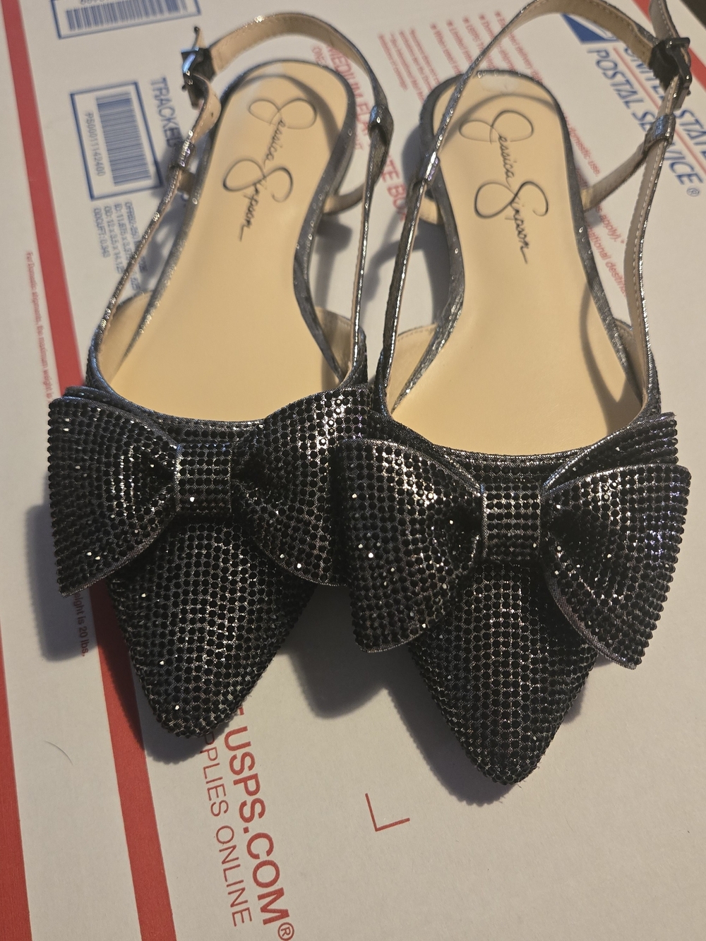 Jessica Simpson Metallic Silver Pointed Bow Slingback Flats